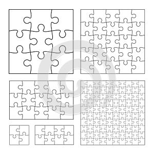 Set of black and white puzzle pieces. Has different sizes namely 100, 15, 25, 9, 4, 8 pieces. Line mackup - stock vector photo