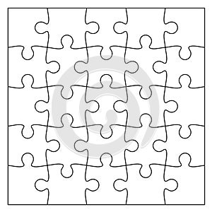Set of black and white puzzle pieces. Jigsaw grid puzzle 25 pieces. Line mockup - stock vector