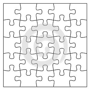 Set of black and white puzzle pieces. Jigsaw grid puzzle 25 pieces. Line mockup - stock vector