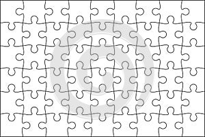 Set of black and white puzzle pieces. Jigsaw grid puzzle 48 pieces. Line mockup - stock vector