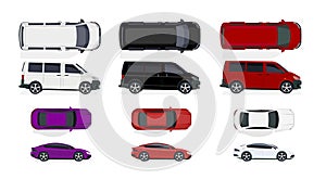 Set of black and white, red cars. Side view and top view. Volumetric drawing without a grid and a gradient. Isolated on