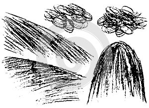 Set of black and white rough hatching clipart images of meadow, hill and clouds