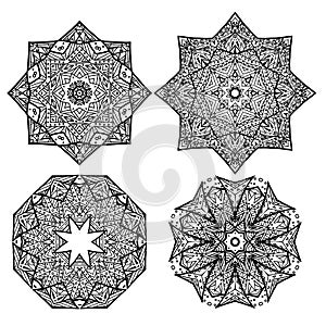 Set of black and white round mandalas snowflakes.