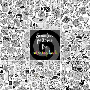 Set of black and white seamless patterns for coloring.
