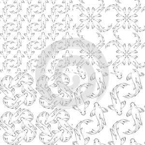 Set of black and white seamless patterns with koi carp fish
