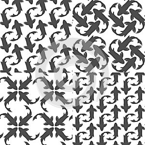 Set of black and white seamless patterns with koi carp fish.