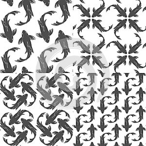Set of black and white seamless patterns with koi carp fish. Vector backgrounds.