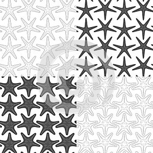 Set of black and white seamless patterns with starfish. Vector backgrounds.