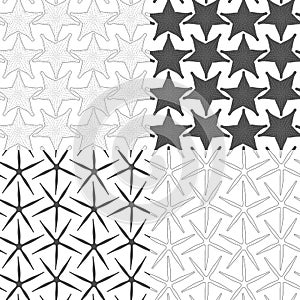 Set of black and white seamless patterns with starfish. Vector backgrounds.