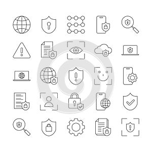 set of black and white security icons in vector line illustration