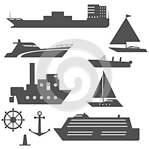 Set of black and white ship icons