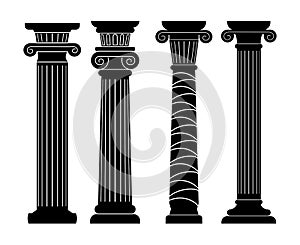 Set of black & white silhouette, classical antique columns, pillars with ornaments