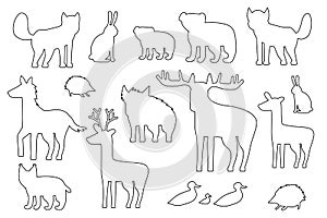 Set of black white silhouette forest animals. Cartoon isolated vector fox, wolf, bear, bear cub, elk deer, fallow deer hedgehog,