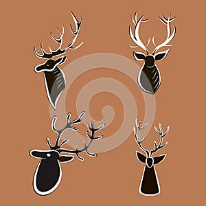 Set of black and white silhouettes of deer heads