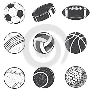 Set of black and white Sports Balls. Vector Illustration. Set include soccer, backetball, volleyball, baseball, cricket