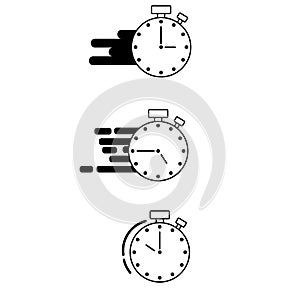 A set of black and white timer icons. Timer and stopwatch icons. Collection of countdown timers. Clock hand