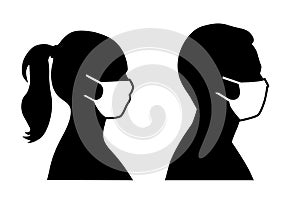 Set of black and white vector icons of a man and a woman wearing protective face mask - covid-19 safety measures, restriction