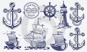 A set of black and white vintage nautical illustrations