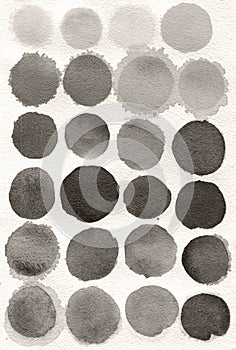 Set of black and white watercolor circles isolated on white background. Gray, black round watercolor shape for text.