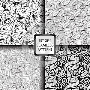 Set of black and white wave patterns seamlessly tiling