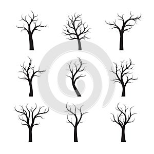 Set Black Winter Naked Trees. Vector Illustration.
