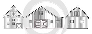 Set of black wite doodle cartoon alone wooden barn houses, roofs, windows and doors with crossed white boards. Vector