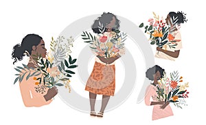 Set of Black Women Enjoying A Bouquet Of Flowers