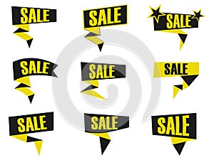 Set of black and yellow discount and promotion banners. Sale banner tag. Advertising element. Callouts sale. Vector