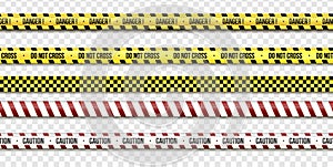 Set of Black and yellow police tape. Barricade stripes, Do not cross, police, warning, crime danger line, bright yellow