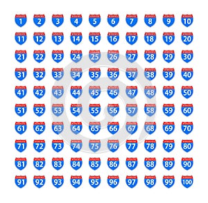 Set Blank American Interstate Highway sign. United States Highway shield