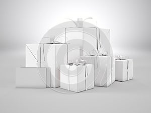 Set of blank gift boxes Of various sizes with ribbon bow and two empty envelopes on white background. 3d render