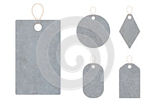 Set of blank gift tag labels for sale prices. Texture of realistic white kraft carton paper material with a rope. Stickers of