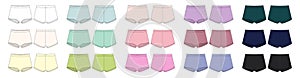 Set of blank girls knickers technical sketch. Diffirent colors. Lady lingerie collection. Female underpants bundle. Women casual