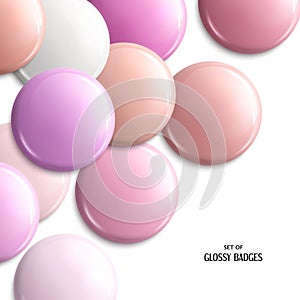 Set of blank, glossy badges. Pink pastel shades. Vector.
