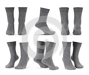 Set of blank grey socks mockup isolated on white background