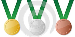 Set of blank medals with green ribbon, vector illustration