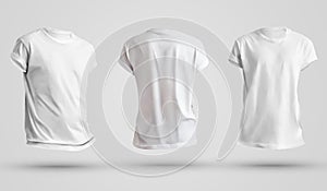 Set of blank men`s t-shirts with shadows, front and back view. Design template on a white background