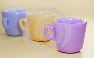 Set blank modern for coffee or tea cups on isolated yellow background. Collection of colored ceramic mugs, clean