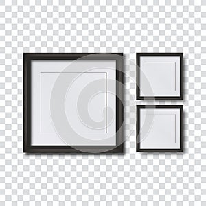Set blank photo frames on the wall. Realistic square empty picture frames on transparent background