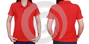 Set of blank polo shirt (front, back) on woman