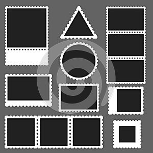 Postage stamp photo frame set with round square rectangle and triangle shapes isolated on dark background editable blank photo