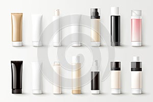 Set of blank realistic tubes on white background, bottle and tube