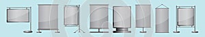 Set of blank roll up banner display cartoon icon design template with various models. vector illustration isolated on blue