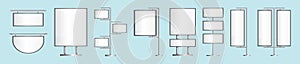 Set of blank roll up banner display cartoon icon design template with various models. vector illustration isolated on blue