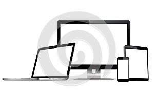 Set of blank screens with computer monitor, laptop, tablet, and smartphone