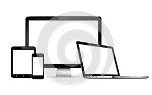 Set of blank screens with computer monitor, laptop, tablet, and smartphone