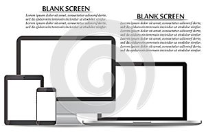 Set of blank screens. Computer monitor, laptop, tablet, smartphone