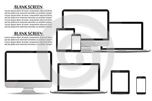 Set of blank screens. Computer monitor, laptop, tablet, smartphone