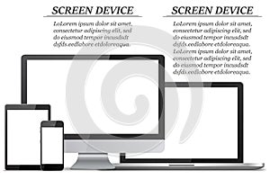 Set of blank screens. Computer monitor, laptop, tablet, smartphone