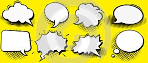 Set of blank template in Pop Art style. Vector Comic Text Speech Bubble Halftone Dot Background. Empty Cloud of Comics book dialog